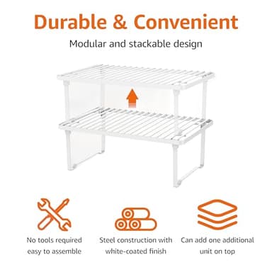 Amazon Basics Stackable Metal Kitchen Storage Shelves for Dishes, 12.5" L x 8" D x 4.5" H, Set of 2, White - Image 3