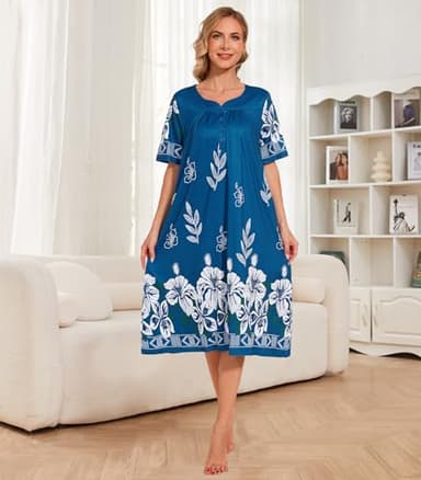 House Dresses for Women Short Sleeve with Pockets Floral Print Mumu Nightgown Lounge Dress - Image 5