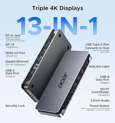 Acer Premium 13-in-1 Docking Station with 110W PD & Triple Monitor Support | Dual 4K HDMI and DP,5Gbps USB A/C,Gigabit Ethernet,Security Lock | Laptop Docking Station for Windows/Dell/HP/Lenovo/Asus - Image 4