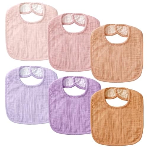 POIKSHARK 6-Pack Muslin Baby Bibs for Unisex Boys Girls, Soft Cotton Baby Drool Bibs, Solid Colors, Drooling and Teething Bibs for Infant, Newborn - Pink - Image 1