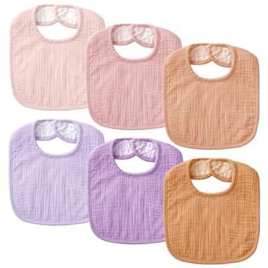 POIKSHARK 6-Pack Muslin Baby Bibs for Unisex Boys Girls, Soft Cotton Baby Drool Bibs, Solid Colors, Drooling and Teething Bibs for Infant, Newborn - Pink - Image 1