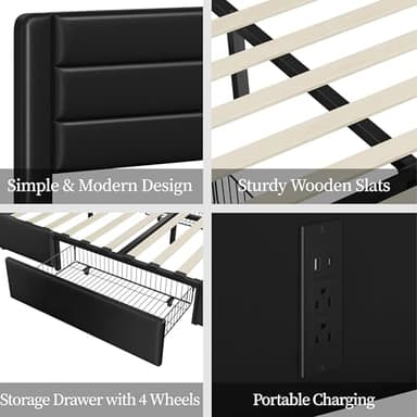 Yaheetech Queen Size Bed Frame with Headboard/2 USB Charging Station/Port for Type A&Type C/3 Storage Drawers/Solid Wood Slat Support/No Box Spring Needed/Black - Image 9