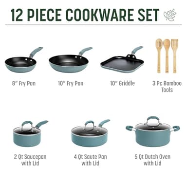 Goodful Ceramic Nonstick Pots and Pans Set, Premium Ceramic Coating Made without PFOA, PTFE or PFAS, Dishwasher Safe, 12-Piece, Turquoise - Image 2