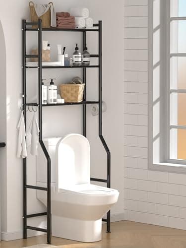 GloTika 3-Tier Over The Toilet Storage, Space Saver Metal Bathroom Shelves, Freestanding Above Over Toilet Storage Shelf with 4 Hooks for Bathroom, Black - Image 2