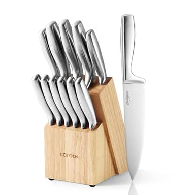 CAROTE 12 Pieces Knife Set, Stainless Steel Kitchen knife Set with Wooden Block, Block Knife Set with High Carbon Steel Blades, Razor-Sharp, Dishwasher Safe - Image 1
