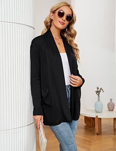 Micoson Women's Lightweight Open Front Black Cardigan Casual Loose Long Sleeve Cardigan Sweaters with Pockets L - Image 4