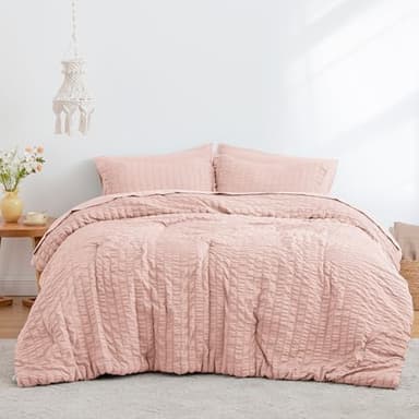Love's cabin Seersucker Pink Twin Comforter Set 5 Pieces, All Season Bedding Set, Twin Bed in a Bag Comforter Set with Comforter, Flat Sheet, Fitted Sheet, Pillowcase and Pillow Sham - Image 2