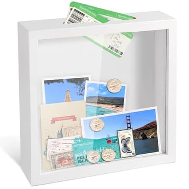 Shadow Box for Adventure Memory 12x12, 1.2in Deep Capacity Keepsakes Box Frame with Top Loading Slot for Travel Home Office Decor Keepsakes, White - Image 1