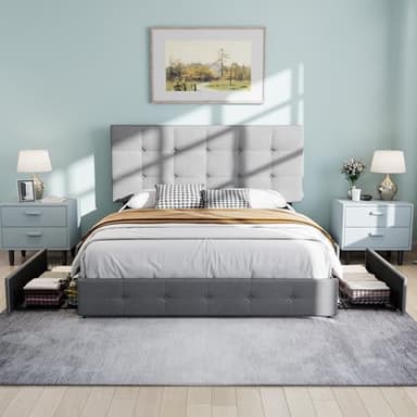 SHA CERLIN Upholstered Full Size Platform Bed Frame with 4 Storage Drawers, Adjustable Headboard with Square Stitched Button Tufted Design, Wooden Slat Support, No Box Spring Needed, Light Grey - Image 3