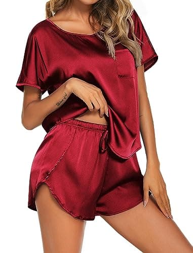 Ekouaer Women Satin Pajama Set Short Sleeve Lightweight Silk Pajama Set 2 Piece Lounge Sets with Shorts Wine Red - Image 1