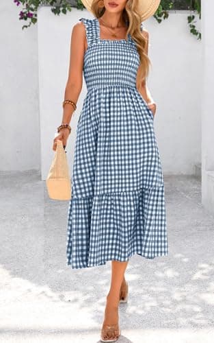 PRETTYGARDEN Women's Summer Dress Casual Square Neck Ruffle Strap Gingham Smocked Midi Flowy A Line Beach Vacation Sun Dresses 2025 (Dark Blue, XXL) - Image 2