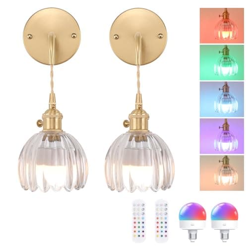 Shenmoyl Battery Operated Wall Sconce with Clear Tulip Shade Pattern Glass Adjustable Chain Retro Gold Wall Mounted Light, Modern Wall Decor for Bedside Bedroom Indoor Doorway， Set of 2 - Image 1