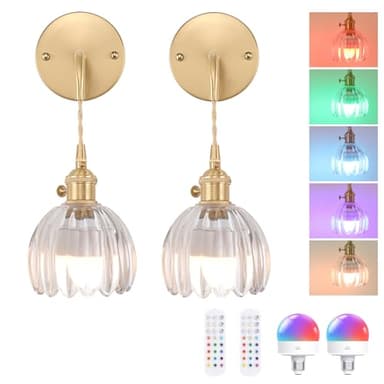 Shenmoyl Battery Operated Wall Sconce with Clear Tulip Shade Pattern Glass Adjustable Chain Retro Gold Wall Mounted Light, Modern Wall Decor for Bedside Bedroom Indoor Doorway， Set of 2 - Image 1