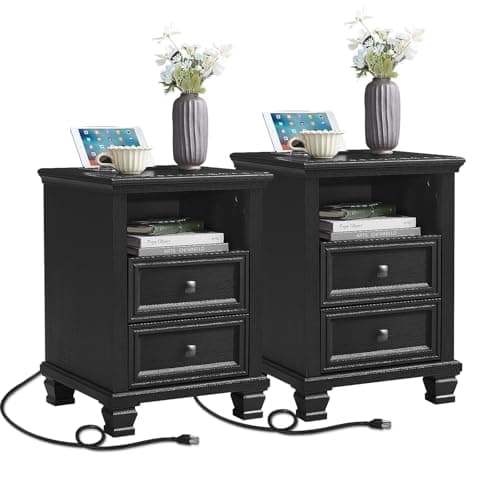 SAVOR LIFE Farmhouse Nightstand Set of 2 with Charging Station, Rustic Black Nightstand,2 Drawers End Table for Living Room,Bedside Table with Open Shelf for Bed Room,Black - Image 1
