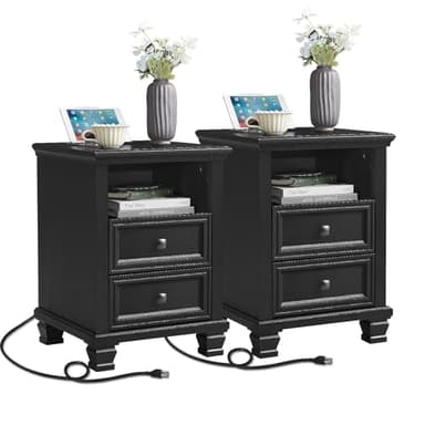 SAVOR LIFE Farmhouse Nightstand Set of 2 with Charging Station, Rustic Black Nightstand,2 Drawers End Table for Living Room,Bedside Table with Open Shelf for Bed Room,Black - Image 1
