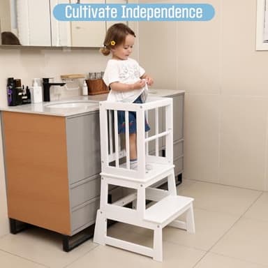 Kids Kitchen Step Stool, Ideal Toddler Learning Standing Tower, 2025 New Upgrade with an Anti-tip Structure and Anti-Drop Safety Bar, More Stable and Safer - White - Image 5