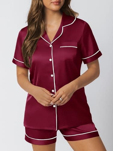 LILLUSORY Silk Satin Pajama Set for Women 2 Piece Lounge Pjs Shorts Matching Summer Sleepwear Button Down Shirt Shorts Burgundy XS - Image 2