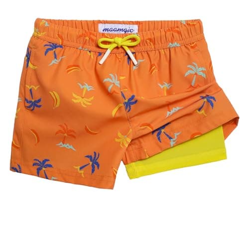 maamgic Boys Swim Trunks with Compression Liner 4-Way Stretch Quick Dry Swim Shorts Swimming Trunks Toddler Boy Coconut Orange 3T - Image 1