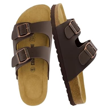 CUSHIONAIRE Lane Cork Footbed Sandals for Women – Comfortable Double Buckle Slip-On with Genuine Suede Footbed & Arch Support Slides for Women Footwear, BROWN 7.5 - Image 1
