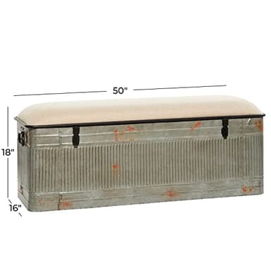 Deco 79 Metal Room Storage Bench Galvanized Entryway Bench with Cream Burlap Top, Bench 50" x 16" x 18", Gray - Image 3