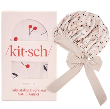 Kitsch XL Satin Bonnet for Sleeping - Softer Than Silk Bonnet For Sleeping Women - Secure Fit, Adjustable, Night Cap For Curly & Textured Hair - Prevents Breakage, Tangles & Thinning - Cherry Print - Image 8