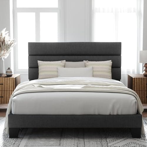Allewie Queen Size Platform Bed Frame with Fabric Upholstered Headboard and Wooden Slats Support, Fully Upholstered Mattress Foundation/No Box Spring Needed/Easy Assembly, Dark Grey - Image 1
