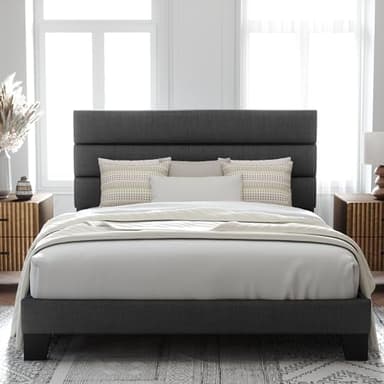 Allewie Queen Size Platform Bed Frame with Fabric Upholstered Headboard and Wooden Slats Support, Fully Upholstered Mattress Foundation/No Box Spring Needed/Easy Assembly, Dark Grey - Image 1