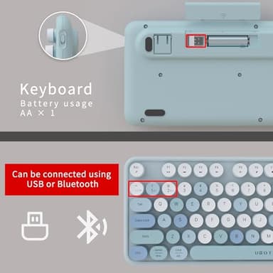 UBOTIE Dual Mode Colorful Wireless Keyboard, Bluetooth and USB Receiver Retro Typewriter Round Keycaps Keyboard Support Multi Devices for PC Laptop Tablet Phones(Blue Colorful) - Image 5