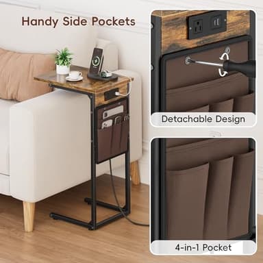 Vagusicc C Shaped End Table with Charging Station, Small Side Table for Couch, Tall Sofa Table Couch Side Tables, Slide Under Sofa Table TV Tray Arm C Tables for Living Room, Bedroom, Bedside, Brown - Image 8