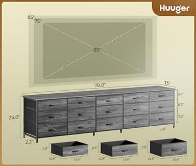 Huuger 78.7 inch Long Dresser for Bedroom, 15 Drawer Fabric Dresser for Closet, Large TV Stand for 65, 75, 85 inch TV, Wide Chest of Drawer with Storage, 78.7" W x 12.9" D x 26.7" H, Grey - Image 2