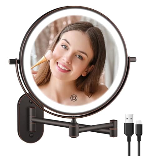 Rechargeable Wall Mounted Lighted Makeup Vanity Mirror 8 Inch Double Sided 1X 10X Magnifying Bathroom Mirror, 3 Color Lighting, Touch Dimming, Extended Arm 360 Rotation Light up Mirror Antique Bronze - Image 1