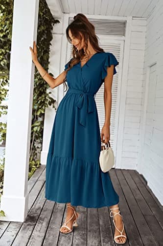 PRETTYGARDEN Women's Summer Floral Boho Dress Wrap V Neck Short Sleeve Ruffle A-Line Flowy Maxi Wedding Guest Dresses (Solid Lake Blue,XX-Large) - Image 5