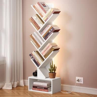 Hoctieon 6 Tier Tree Bookshelf, Tall Bookcase with Drawer, Freestanding Book Shelf with LED Lights, Display Floor Standing Storage Shelf, Book Organizer Shelves for Home Office, Living Room, White - Image 8