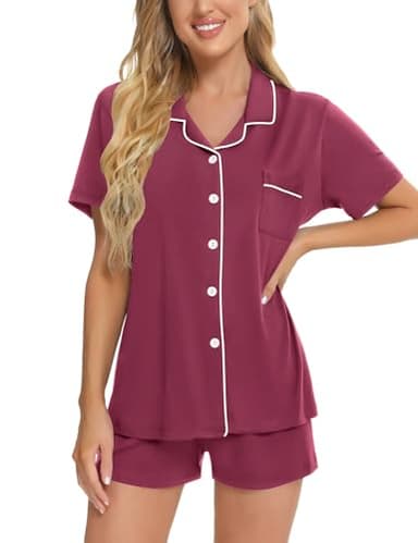 SWOMOG Womens Button Down Pajamas Set Short Sleeve Sleepwear Bride Soft Pj Lounge Sets XS-3XL Burgundy Large - Image 3