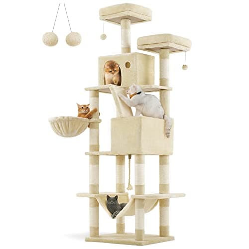 Feandrea Cat Tree, 81.1-Inch Large Cat Tower with 13 Scratching Posts, 2 Perches, 2 Caves, Basket, Hammock, Pompoms, Multi-Level Plush Cat Condo for Indoor Cats, Beige UPCT190M01 - Image 1