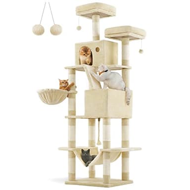 Feandrea Cat Tree, 81.1-Inch Large Cat Tower with 13 Scratching Posts, 2 Perches, 2 Caves, Basket, Hammock, Pompoms, Multi-Level Plush Cat Condo for Indoor Cats, Beige UPCT190M01 - Image 1