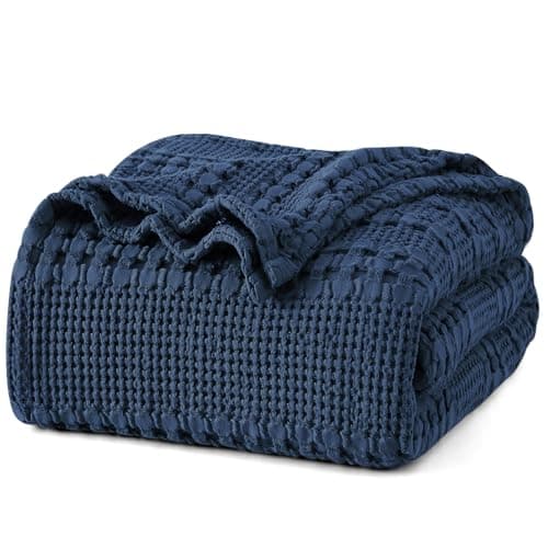 PHF 100% Cotton Waffle Weave Blanket King Size for Bed, Soft Lightweight & Breathable, All-Season Comfort, Luxury Aesthetic Woven Bedding for Home Decor, 108"x90", Bright Navy Blue - Image 1
