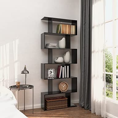Yusong Bookshelf 6-Tier, Geometric Bookcase S Shaped Book Shelves for Bedroom, Modern Wood Decorative Display Shelf Tall Book Case for Home Office, Black - Image 8