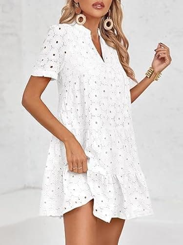 Imily Bela Womens Summer Eyelet Dresses Babydoll Flowy Short Sleeve V Neck Lace Tunic Swing Casual Dress White - Image 3