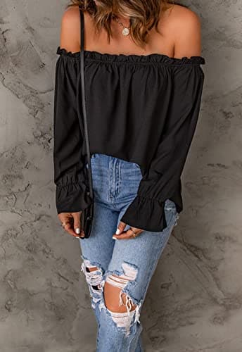 Spriolim Womens Off Shoulder Sexy Fashion Tops Casual Long Sleeve Chiffon Shirt Blouses Black, Large - Image 2