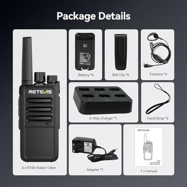 Retevis RT68 Walkie Talkies with Earpiece, Portable FRS Two-Way Radios Rechargeable, with 6 Way Multi Unit Charger, Hands Free, Long Range, Rugged 2 Way Radios 6 Pack for Adults School Church - Image 8