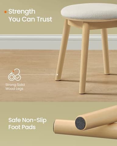 SONGMICS HOME BOHOVEN Collection - Vanity Stool, Upholstered Makeup Stool with Solid Wood Legs, Round Footstool, Non-Slip Foot Pads, Boho Style, for Bedroom, Makeup Room, Cream White and Oak Beige - Image 3