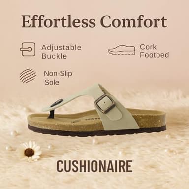 CUSHIONAIRE Leah Thong Womens Sandals - Cork Footbed Flip Flops for Women 2025 with Memory Foam and Adjustable Buckle Strap, STONE 7 - Image 3