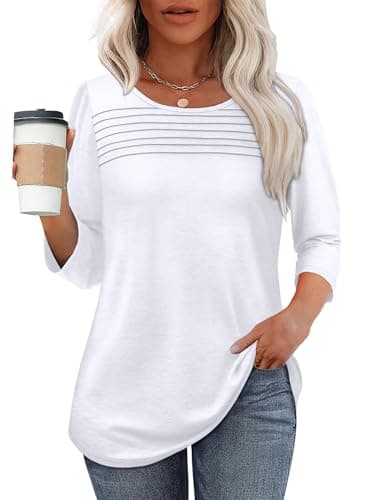 Early Fall Fashion White Tops for Women 3/4 Length Sleeve Blouses Dressy Casual Plus Size Tshirts Shirts Spring Summer Teacher Outfits Beach Vacation Clothes 3XL - Image 2