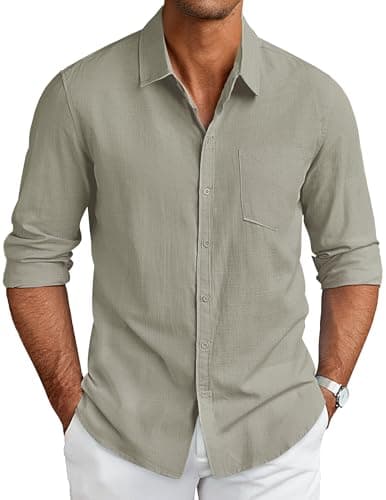 COOFANDY Mens Button Down Shirts Long Sleeve Cotton Linen Shirts Casual Textured Button Up Shirt Wedding Dress Shirts Light Grey - Image 1