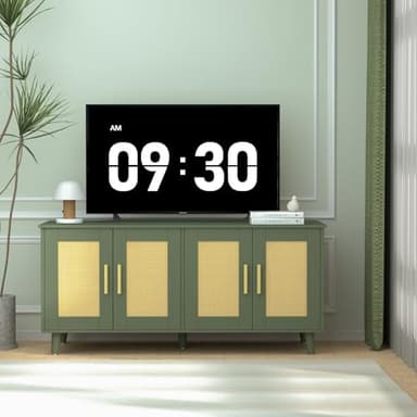 Homhedy Boho Cat Litter Box Enclosure for 2 Cats, Wooden Cat Washroom Furniture with Double Rattan Decorated Doors, Pet House,47.2”L x 19.7”W x 21.7”H, Green - Image 7