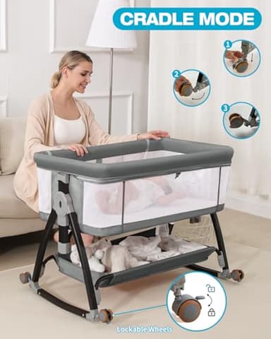 wayfong Baby Bassinet, Bassinet Bedside Sleeper with Wheels, Breathable Mesh Bedside Bassinet for Baby, Mosquito Net, Storage Basket, 6 Height Adjustable, Easy to Fold, Grey - Image 4