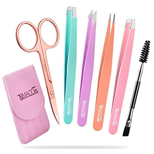 TsMADDTs 6 PCS Tweezers Set for Women, Eyebrow Tweezers with Curved Scissor for Ingrown Hair, Hair Plucking Daily Beauty Tools with Leather Travel Case - Image 1