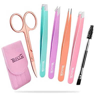TsMADDTs 6 PCS Tweezers Set for Women, Eyebrow Tweezers with Curved Scissor for Ingrown Hair, Hair Plucking Daily Beauty Tools with Leather Travel Case - Image 1