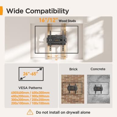 Perlegear Full Motion TV Wall Mount for 26-65 inch TVs, TV Bracket Supports Swivel Articulating Level Extension Tilt Arms, Max VESA 400x400mm up to 99lbs, 16" Wood Studs, PGMFK4 - Image 2